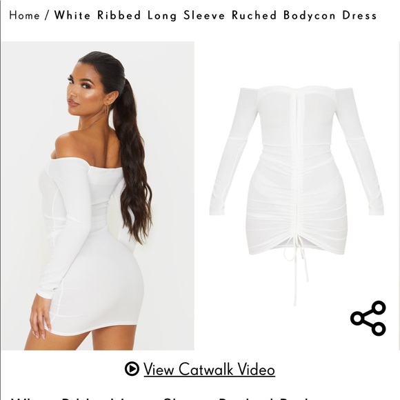 🛍 White Ribbed Long Sleeve Ruched Bodycon Dress - Picture 2 of 7